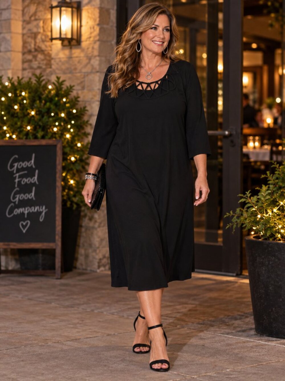 WHITE MARK Midi Dress 3/4 Sleeve Decorative Cut-Out Collar Black NWT 2XL